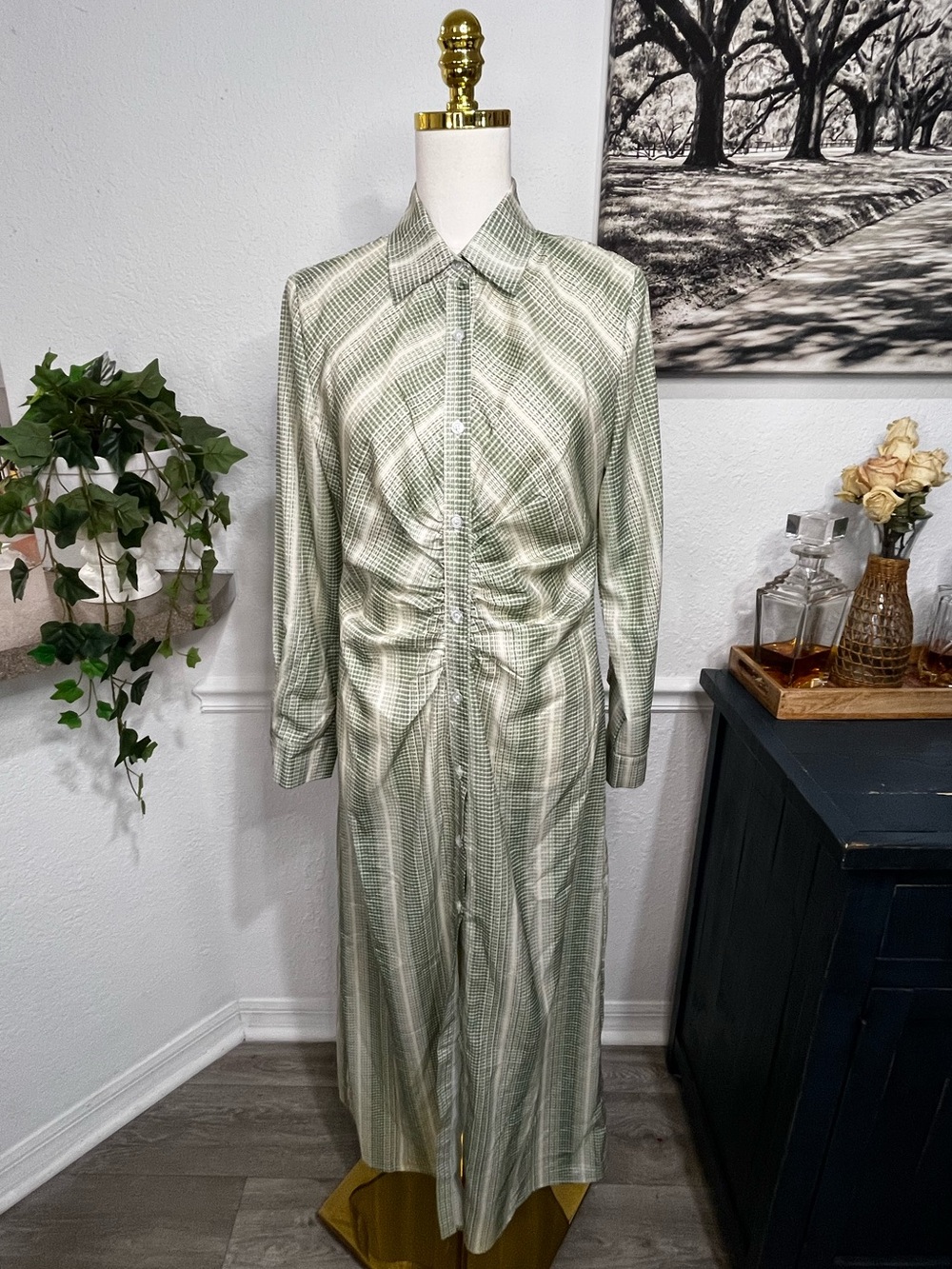 NWT Love + HarmonyLong Sleeve Green Plaid Shirtdress Large